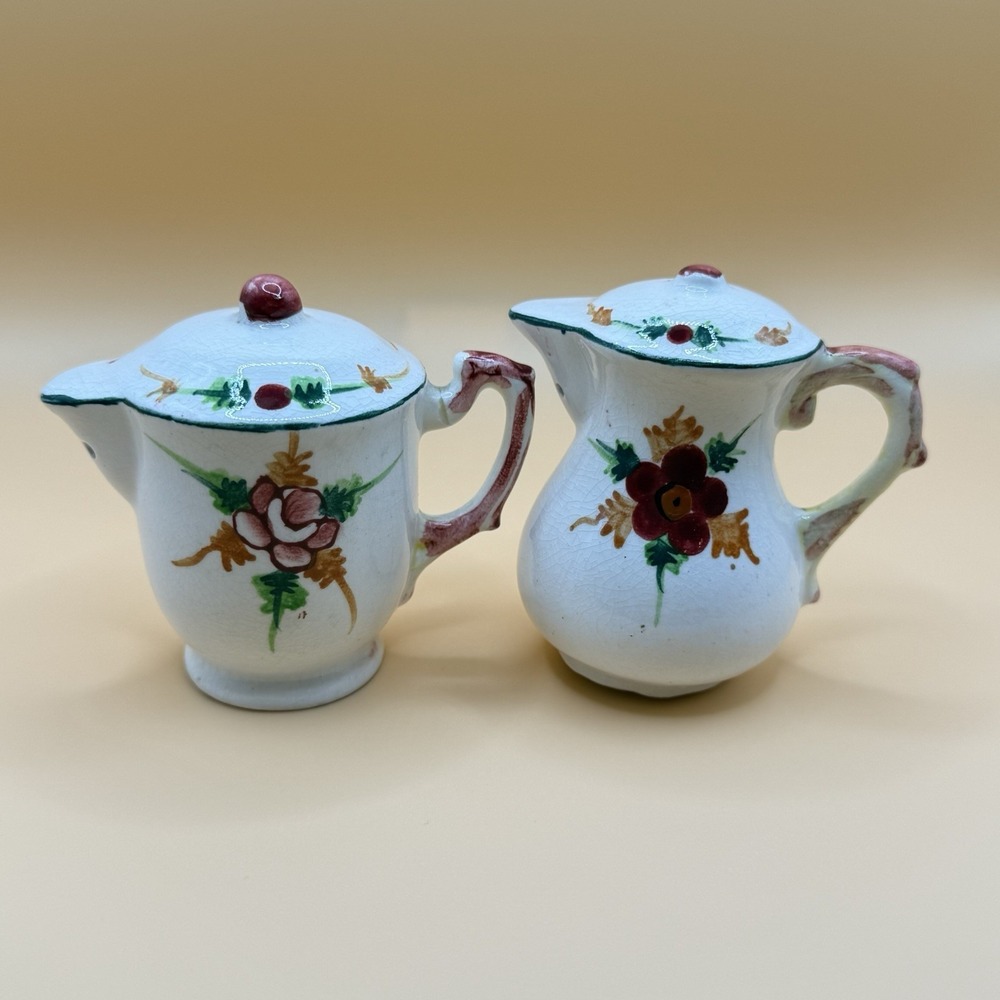 Vintage Porcelain Pitchers Shaped Salt Pepper Shakers Flowers Roses Made Japan